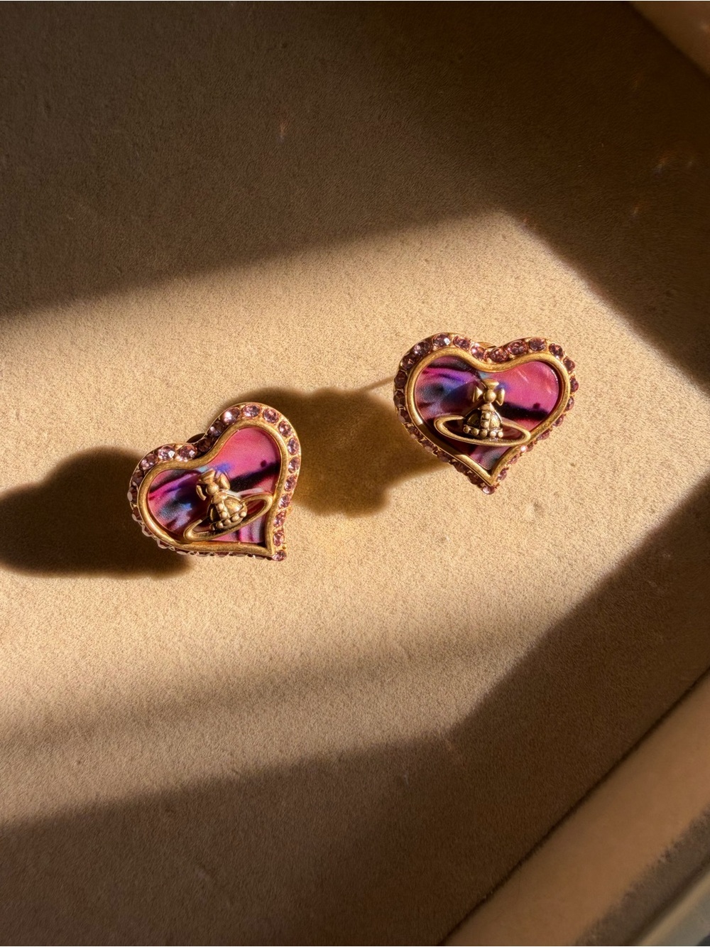 Vivienne Westwood-Inspired Heart Stud Earrings in Pink and Gold